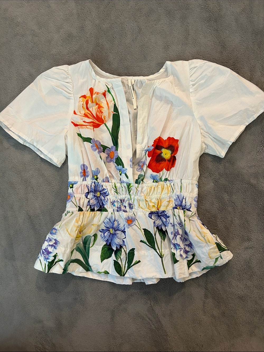 Anthropologie White Floral Peplum Blouse with Multicolor Blooms